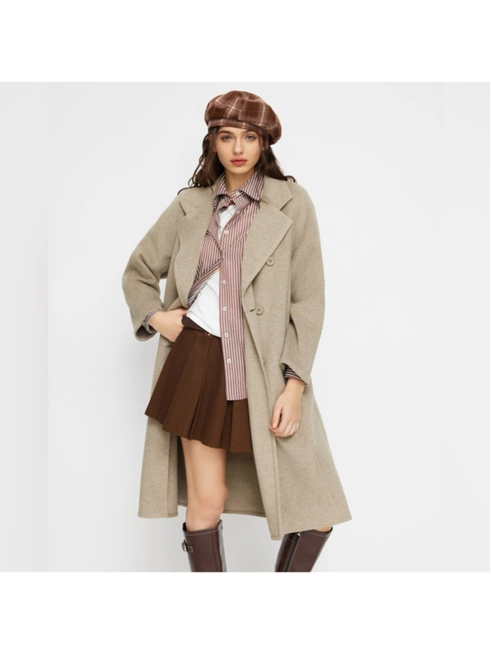Cider WOOL-LOOK NOTCHED COLLAR DOUBLE BREASTED LONG PREPPY COAT M NO BELT